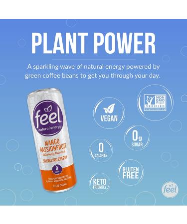 FEEL Sparkling Mango Passionfruit Energy Drink - Zero Sugar, Healthy L-Theanine & Caffeine Boost, 12 oz (Pack of 12) - Buy Online on GoSupps.com