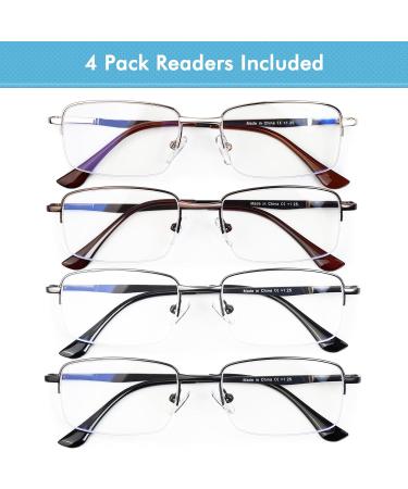 4 Pack Blue Light Blocking Reading Glasses for Men | Half Rim Metal Readers with Spring Hinge | Computer Eyeglasses in Black Gray Brown Gold - 2.0x - Buy Online on GoSupps.com