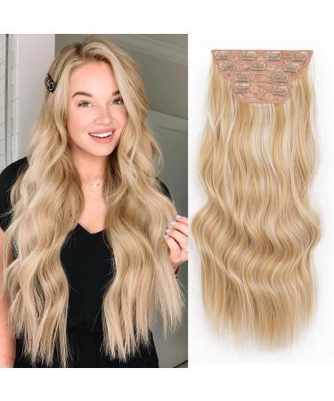 Sué Exquisite 4PCS Clip in Long Soft Glam Waves Thick Hairpieces 20 inches Blonde Highlighted Golden Blonde Hair Extensions Synthetic Fiber Double Weft Hair for Women Full Head 20 Inch Light Blonde Highlighted Golden Blonde