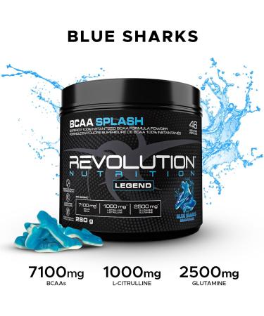 Revolution Nutrition BCAA Splash BCAA Powder Vegan Formula Zero Calorie Lactose Free Muscle Recovery Post Workout 7100 Mg of Branched Chained Amino Acid 1000 mg Citrulline Malate 280 G 46 Servings (Blue Sharks 0.62 Pound) Blue Sharks 0.62 Pound - Buy Online on GoSupps.com
