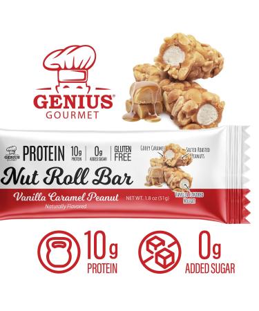 Genius Gourmet Nut Roll Bars Vanilla Caramel Peanut 10g Protien Zero Added Sugar Gluten Free Non-GMO Sweet Snack & Dessert for Adults and Kids 10 Ct Box - Buy Online on GoSupps.com