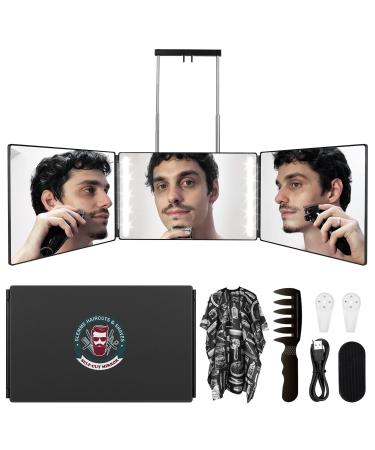 Selfcut 360° Mirror, Trifold 3 Way Mirror for Hair Cutting with LED Lights, Self Haircut System for Haircut, Shaver and Makeup with Height Adjustable Telescoping Hooks