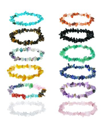 Rbenxia 12 Chakra Stones Healing Crystals Natural Gemstone Chakra Crystal Bracelets Colorful Gravel Chakra Bracelets Irregular Tumble Polished Healing Reiki Stretch Chip Bracelets 12 colors(1)