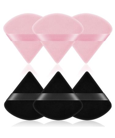 AUAUY 6 PCS Powder Puffs, Pure Cotton Soft Triangle Wedge Makeup Powder Puff for Loose Powder Mineral Powder Body Powder Cotton Velour Cosmetic Foundation Sponge Makeup Tool (3 Black + 3 Pink))