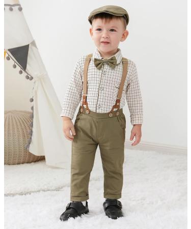 Baby Boy Gentleman Suit Set | Formal Tuxedo Romper with Suspender Pants & Beret Hat | 12-18 Months Green - Buy Online on GoSupps.com
