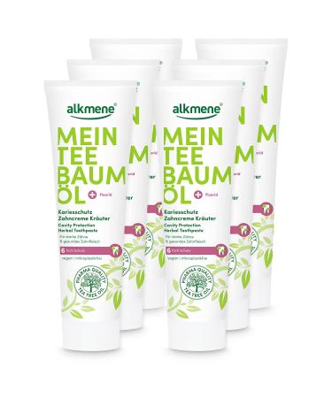 Alkmen My tea tree oil caress protection toothpaste herbs 6x 100 ml with 6 -fold protection - natural pure tea tree oil vegan & climate neutral - fluoride toothpaste for strong teeth & healthy gums 6 pieces