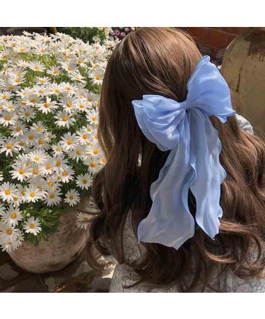Aneneiceera Vintage Silk Bow Hair Clip Silk Chiffon Bowknot Hair Bow Clip Blue Tulle Bow Hair Barrette Chiffon Long Tail Bow Clips Long Bow Tail Headpieces Decorative Hair Accessories for Women Girls