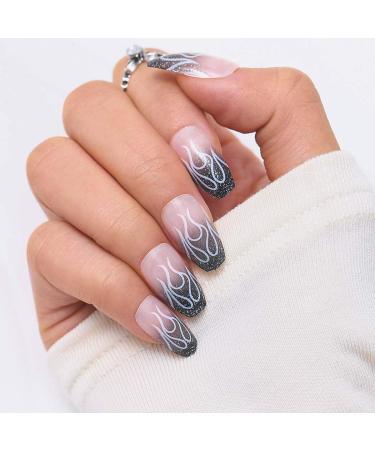 Sethexy shiny long false nail ballerina black sparkle wrong fingernails coffin flame salon nail tips complete cover art design acrylic 24st nails for women and girls