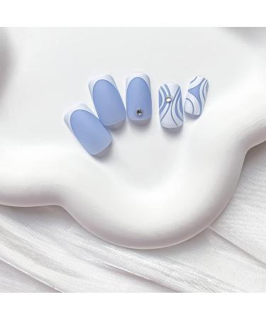 Matte Blue Square French False Nails - 24Pcs Frosted Press on Nails with Diamond Accent, Nail Glue Included - Acrylic Stick on Nails for Women and Girls - Buy Online on GoSupps.com
