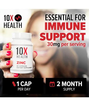 10X Health Zinc Supplements - Contains Zinc 30mg for DNA & Protein Synthesis Overall Wellness & Immune Support Supplement - Highly Absorbable Vitamins (60 Capsules) - Buy Online on GoSupps.com