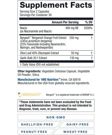 1MD Nutrition CholestMD - Heart Health Support with Olive Leaf Extract, Bergavit, Niacin & Garlic - 60 Capsules - Buy Online on GoSupps.com