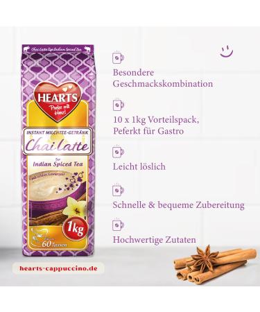 Hearts Chai Latte Powder Instant Milk Tea - Easily Soluble with Real Spices - Easy to Add Water Enough for 250 Cups - 5 x 1 kg - Buy Online on GoSupps.com