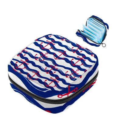 Menstruation pad bag with zipper women's napkin bag tampons collection bags for women and girls (red ship anchor blue wave strips)