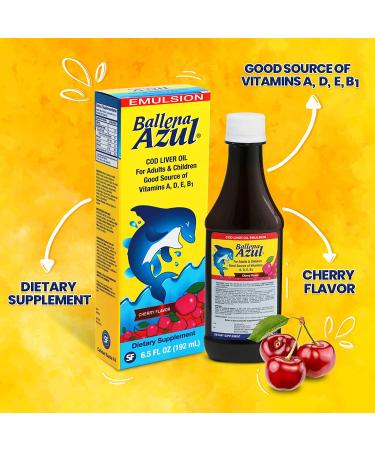 Ballena Azul Aceite de Hgado de Bacalao para Adultos y Nios  COD Liver Oil for Adults and Children  Good Source of Vitamins A D E  B1  Dietary Supplement  Omega 3  Inmune System Boost  (Cherry) - Buy Online on GoSupps.com