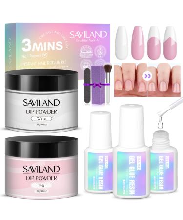 Saviland Dip Powder Nail Kit for Nail Repair: 3 Mins Repair&Air Dry Nail Repair Kit for Broken Natural Nails Pink & White Dipping Powder Nail Glue Nail File Nail Dust Brush for Nail Repair Treatment 02-Pink & White