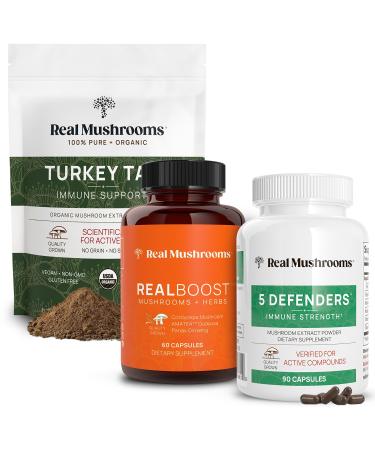 Real Mushrooms RealBoost (60ct) 5 Defenders (90ct) & Turkey Tail Mushroom Powder & Capsules Bundle - Mushroom Supplement for Energy Vitality & Immune Strength - Vegan Non-GMO