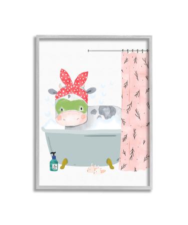 Stupell Industries Children's Farm Cow Bath Tub Bunny Slippers Bathroom Grey Framed Wall Art  White