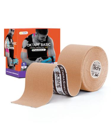 OK TAPE Kinesiology Tape, Basic Original Cotton Elastic Athletic Tape for Support and Recovery, Sports Tape Therapeutic Pain Relief, 2in16.4ft Uncut Roll - Beige 1 Roll Beige