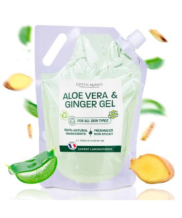 Made in France Aloe Vera & Ginger Gel Moisturizing Refreshing and Firming With Fresh Organic Aloe Leaves Spain For Face Body & Hair After Sun Shaving Tired Legs 2000 ml