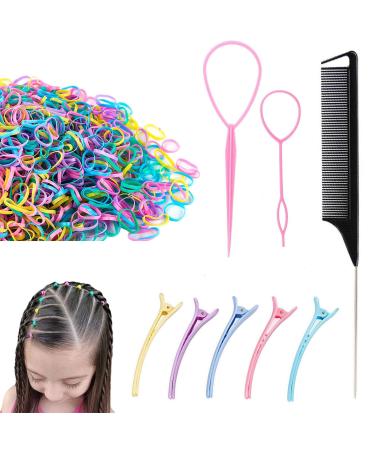 Small Elastic Rubber Bands with Hair Loop Styling Tool Set 1000Pcs Hair Elastics for Girls and Women 2Pcs Topsy Hair Tail Tools 1Pcs Rattail Comb 5Pcs Duckbill Clips for Girls Hair Braids Accessories Type 20