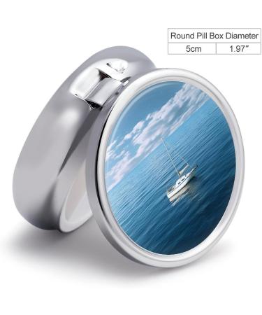 Round Pill Box - White Boat on Blue Sea Print | 3 Compartment Portable Pill Organizer | Decorative Metal Pocket Medicine Case - Style 33 - Buy Online on GoSupps.com