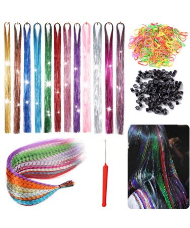 Hair Tinsel Kit With Tools Heat Resistant 43 12Colors 2760 Strands Hair Tinsel Extensions With Feather Hair Fairy Hair For Girls women Birthday Present Cosplay Christmas New Year Gift(12Colors+Tools kit) 12 colors+tools...
