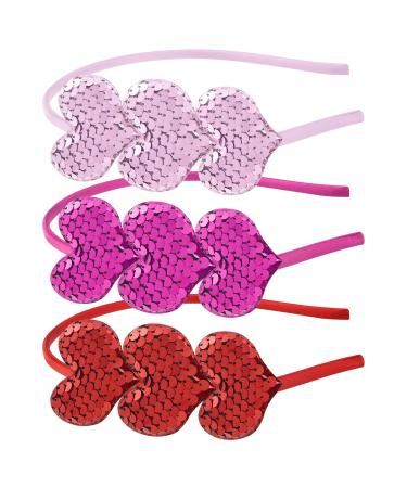 Pack of 3 Valentine's Day Heart Headband Red Pink and Rose Red Sequin Love Hair Band Hoops Glitter Heart Hair Accessoires for Girls Women Valentine's Day Wedding Birthday Christmas Party Costumes