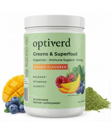 optiverd Greens Superfood Powder with Probiotics & Enzymes Detox Gut Health Energy & Immune Support Organic Vegan Gluten-Free 30 Servings Mango Flavor
