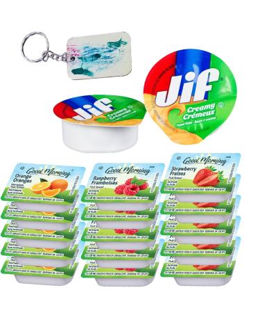 Good Morning Trio of Peanut Butter and Jam Bliss - 15 Jif Peanut Butter 5 Strawberry jelly 5 Raspberry Jelly and 5 Orange Marmalade Spread - On-The-Go Portion Control Pack for Travelers & Meal Prep 30 Cups Total - Comes with a one of a kind Keychain by Pa