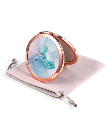 Dynippy Compact Mirror Rose Gold Makeup Mirror Folding Mini Pocket Mirror Portable Hand Mirror Double-Sided 2 x 1x Magnification for Woman Girls Great Gift - Blue Marble