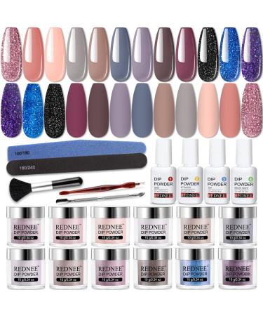REDNEE 22 Pcs Dip Powder Nail Kit Starter 12 Colors Pink Gray Blue Dipping Powder Set with Gel Liquid and 5 Manicure Tools Dipping Essential Travel Kit - RE07 Classy Color