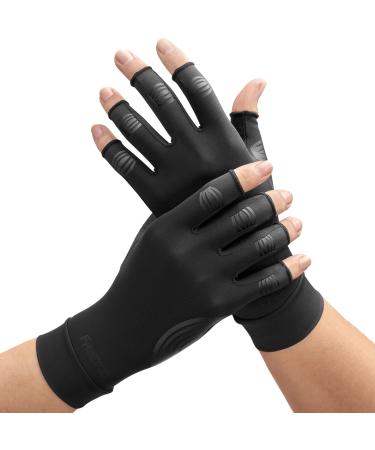FREETOO Copper Arthritis Gloves for Carpal Tunnel Pain Relief, Strengthen Compression Gloves to Alleviate Hand Pains,Swelling, Fingerless Computer Typing Gloves for Rheumatoid, Tendonitis Women/Men-S Black Small