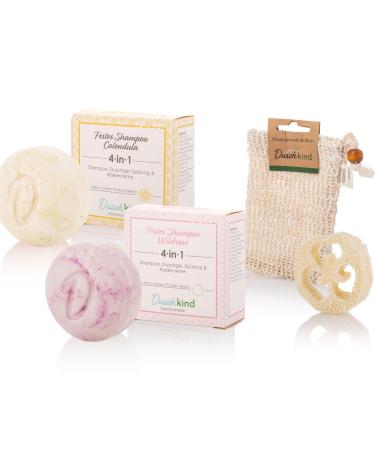 Duschkind 4in1 solid shampoo natural cosmetics calendula & wild rose for normal to oily hair 2 pieces handmade vegan natural sisal and air flag disc 100 organic