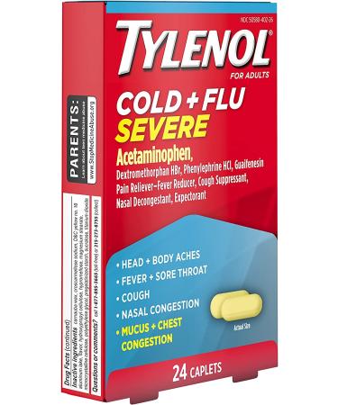 Tylenol Cold & Flu Severe Caplets - 24 ct Relief for Fever, Pain, Cough & Congestion - Buy Online on GoSupps.com