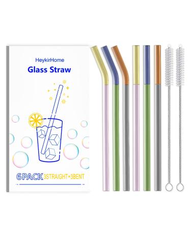HeykirHome 6-Pack Reusable Glass Straw-Double Colors,Size 8.5''x10 MM,Including 3 Straight and 3 Bent with 2 Cleaning Brush- Perfect For Smoothies, Tea, Juice-(Double Colors)