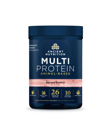 Ancient Nutrition Multi Protein Animal Based Powder 26g Protein Grass Fed Whey Bone Broth Collagen Peptides Colostrum & Probiotics Supports Joint & Gut Health Strawberry 15 Servings