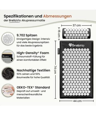 BRELLAVIO Acupressure Massage Mat with Pillow - Relaxation for Back Neck Shoulders & Feet - Black Acupuncture Mat - Buy Online on GoSupps.com