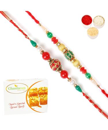 Ghasitaram Gifts Rakhi for Brother Rakhis Online - Set of 2 268 270 Fancy Rakhis with 400 GMS of Besan Barfi