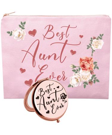 HnoonZ Best Aunt Ever Gifts Aunt Gifts from Niece Birthday Gifts for Aunt Aunt Gift Auntie Gifts Aunt Bday Gift from Niece Gifts for Aunt Aunt Cosmetic Bag Best Aunt Makeup Bag Aunt Compact Mirror