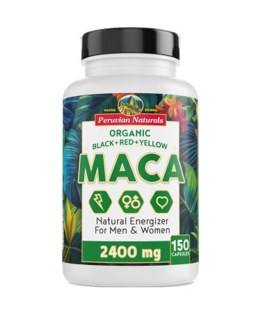Organic Maca Root Capsules for Women & Men 2400mg per Serving - 150 Pills Black Red Yellow Maca Supplement - Gelatinized Macaroot Non-GMO Vegan by Peruvian Naturals 150 Count (Pack of 1)