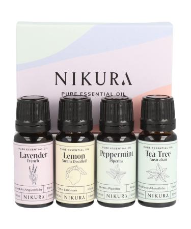 Nikura Best Sellers Essential Oil Gift Set - 4 x 10ml | for Aromatherapy Diffusers for Home Candle & Soap Making Scents Oil Burners Wax Melts | Lavender Lemon Peppermint & Tea Tree | Vegan & UK