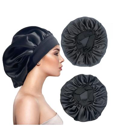 Eupinduo 2 pieces satin sleeping cap bonnet hair hood curly hood for sleeping hair hood for the night enlarged high elastic width creme soft female satin hood sleep black black