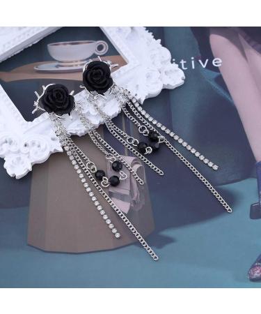 Punk Black Rose Flower Earrings | Rhinestone Chain Drop Tassel Earrings for Women | Silver CZ Ear Cuff Jewelry - Buy Online on GoSupps.com