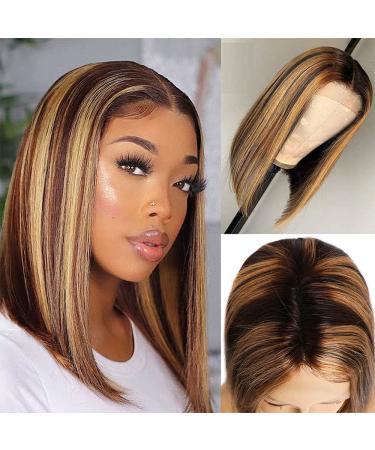 Highlight Bob Wig Ombre Color P4/27 Short Bob Wigs 10Inch Human Hair Wigs 4×1 Lace Frontal Ombre Short Straight Bob Wig Lace Frontal Brazilian Virgin Human Hair wigs with Baby Hair Natural Hairline 10 Inch Highlight bob wig
