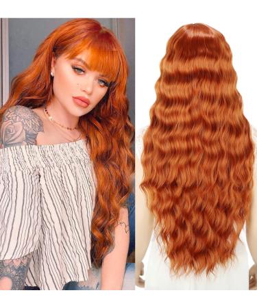 YEESHEDO Ginger Long Hair Wigs for Women Natural Curly Wavy Synthetic Wigs with Fringe Copper Red Wig for Party Cosplay or Daily 28 Inches Orange
