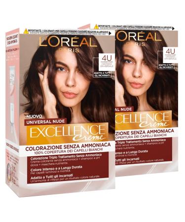 2 x L'Or al Paris Excellence Creme Universal Nude Permanent Dark Brown 4U triple treatment 2 colours 2x brown 4u