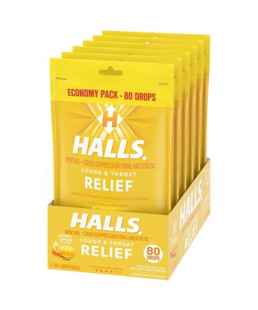 Halls Relief Honey Lemon Cough Drops Economy Pack 6 Packs of 80 Drops (480 Total Drops) 80 Count (Pack of 6) - Buy Online on GoSupps.com