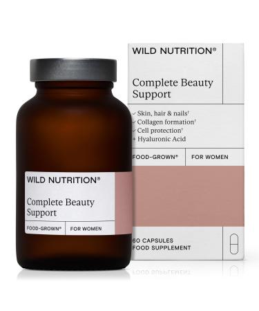 WILD NUTRITION Food-Grown Complete Beauty Support | Hair Skin and Nails Vitamins for Women | Hyaluronic Acid Biotin Vitamin C Selenium and Zinc | 60 Capsules