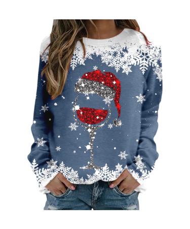 Women's Christmas Sweatshirts Cute Snowman Penguin Print O-Neck Raglan Top Shirt Pullover Comfy Warm Xmas Jumper Winter Long Sleeve Tops Loose Tunic Top Sweaters Z21-blue L