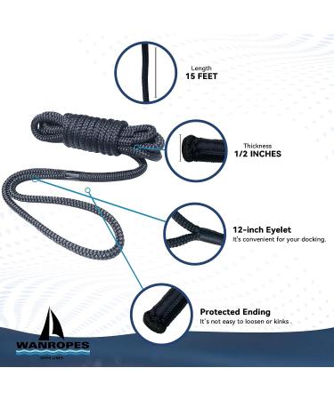 Wanropes 1/2 15FT Double Braided Nylon Dock Lines Boat Ropes for Mooring - 2 Pack | Marine Rope for Small Boats | Boat Accessories - Buy Online on GoSupps.com